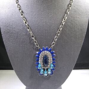 Vintage 1990s Blue Clear Rhinestone Silver Tone Pendant Necklace, 31 Inches